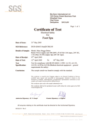 Certificate of Test - Electrical safety for Foot Spa